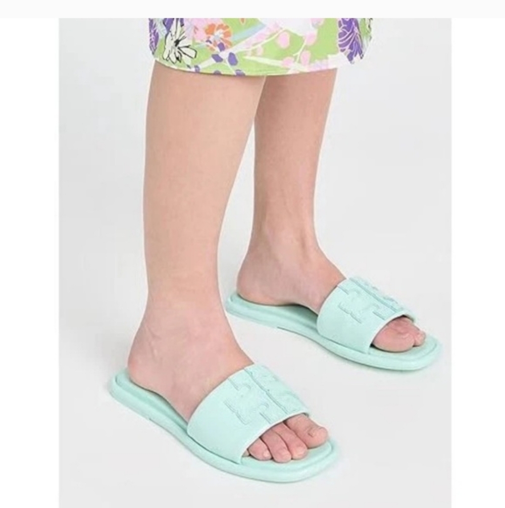 Tory Burch Double T Leather Sport Slide Caribbean Mist Size 11